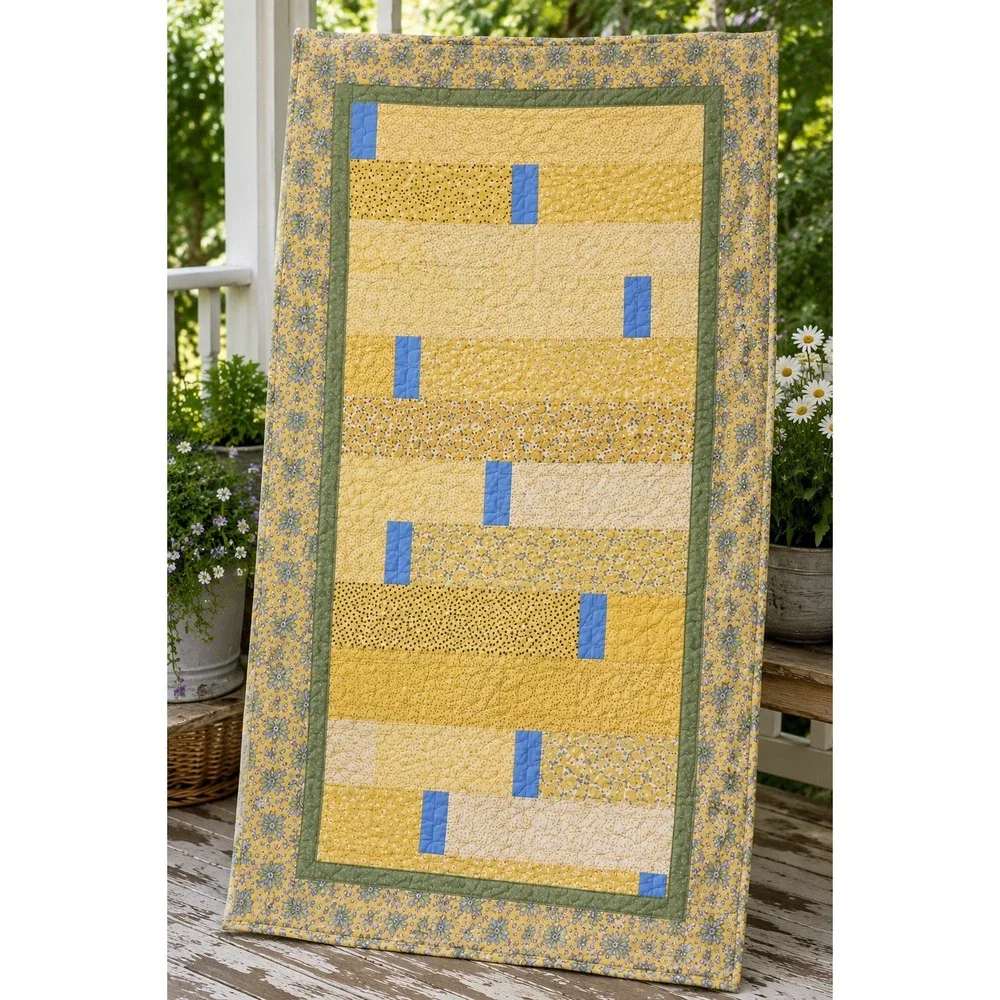 Handmade Yellow Patchwork Quilt Blue Floral Reversible Tea Cup Throw 42x66